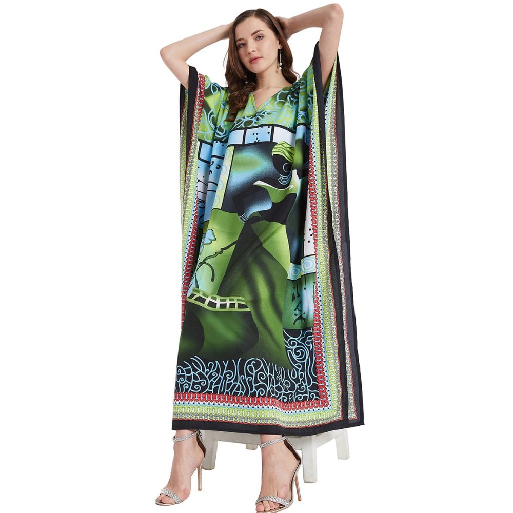 Floral Printed Green Polyester Plus Size Kaftan Dress for Women by Gypsie Blu - Picture 4 of 10